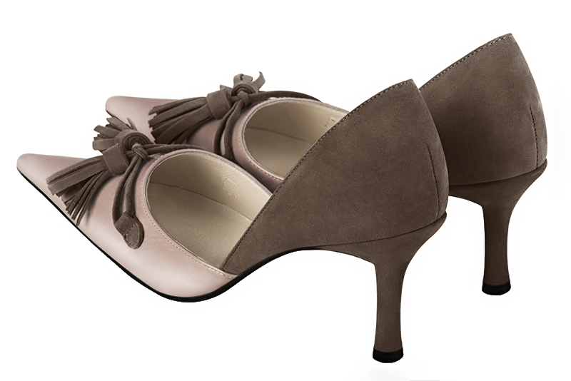 Powder pink and taupe brown women's open arch dress pumps. Pointed toe. High slim heel. Rear view - Florence KOOIJMAN